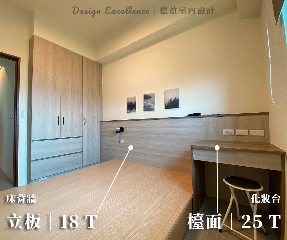德盈系統傢俱床背牆立板為 18T，化妝台檯面採用 25T 增加承重性。