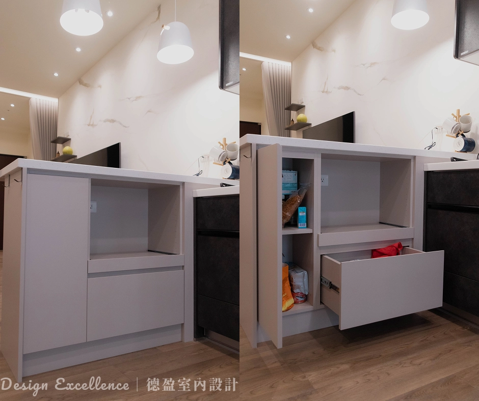 量身打造的台南系統櫃能整合各式家電，維持廚房檯面美觀簡潔。