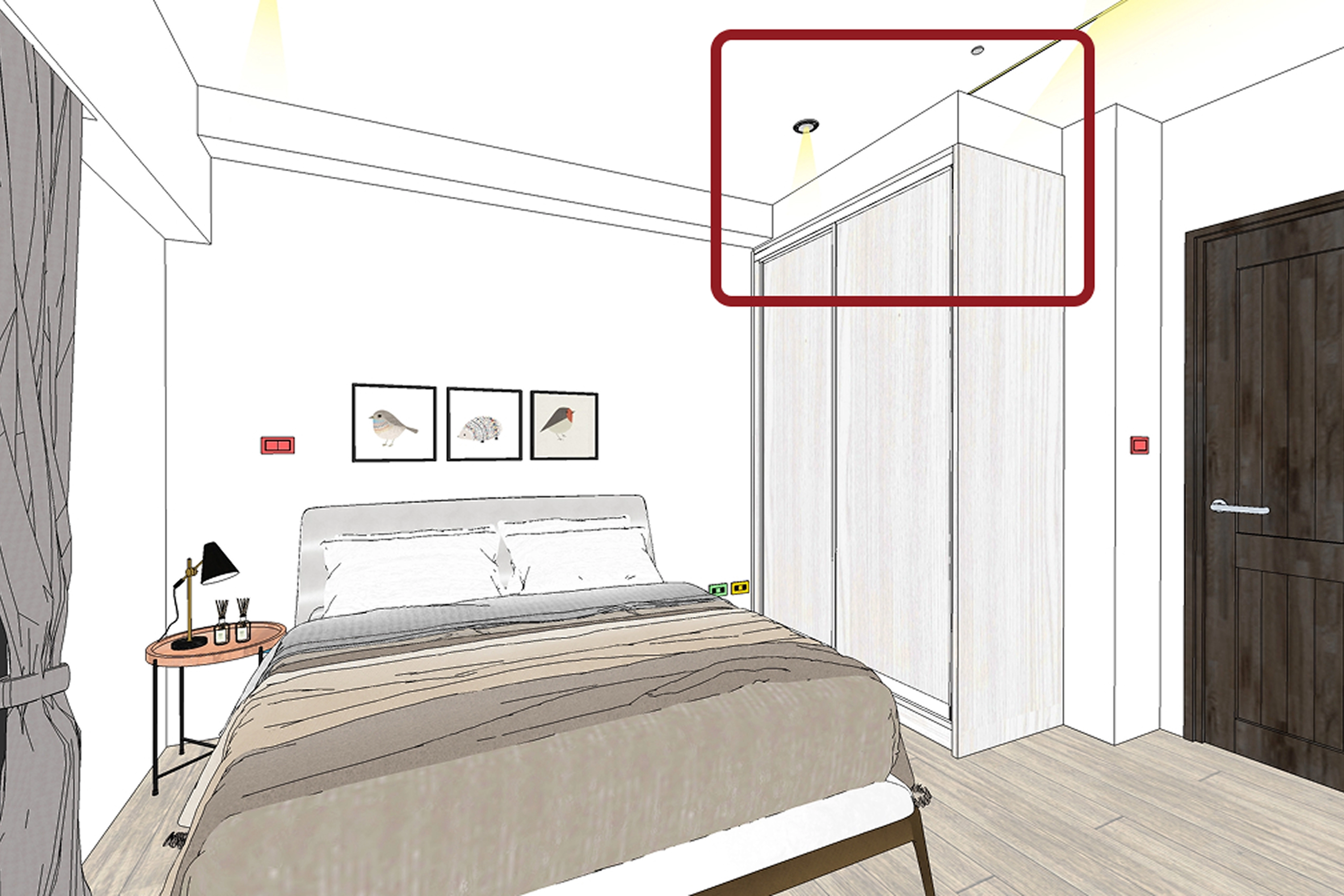 系統櫃上封板設計： 同材質板材收邊防塵，美觀與清潔一舉兩得。