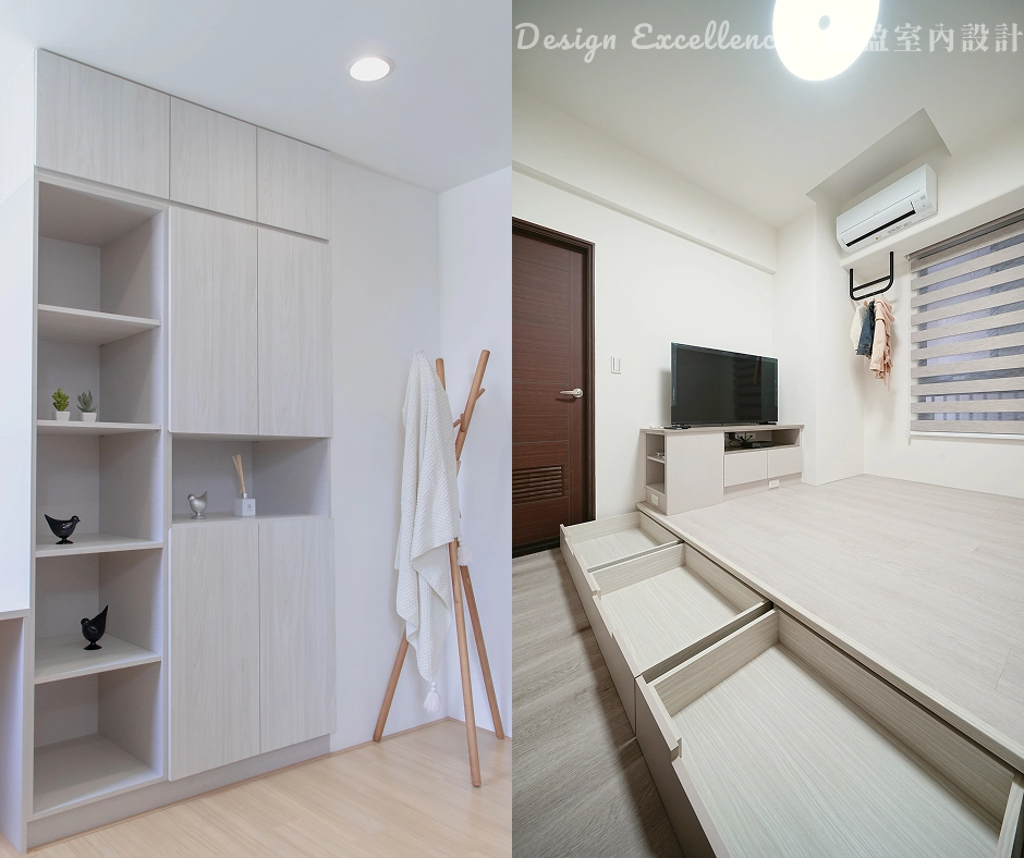 複合功能家具釋放小宅空間。樑下、天花板垂直應用，多功能地台兼顧收納、臥榻與客房。