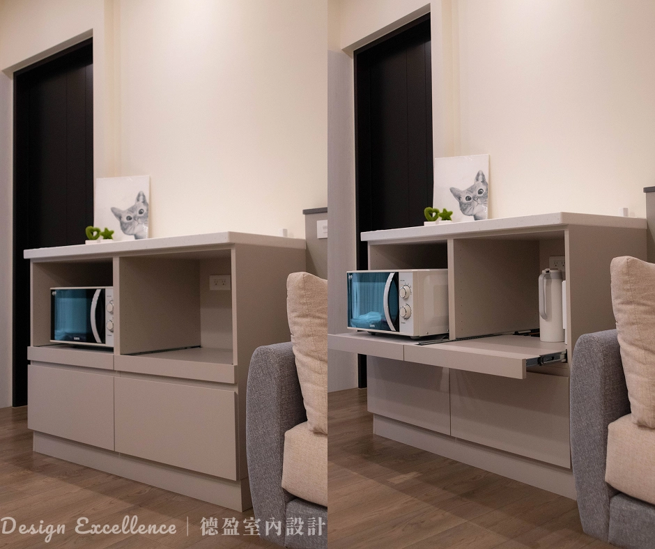 德盈系統電器櫃透過抽盤與緩衝設計，讓廚房收納整齊又順手。